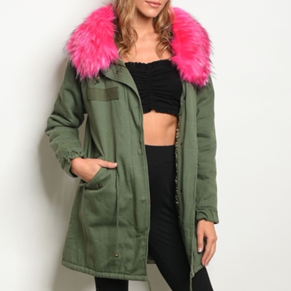 Dance & Marvel Army Green Parka Jacket Women’s M Pink Faux Fur Hood Lined Coat - Picture 2 of 16